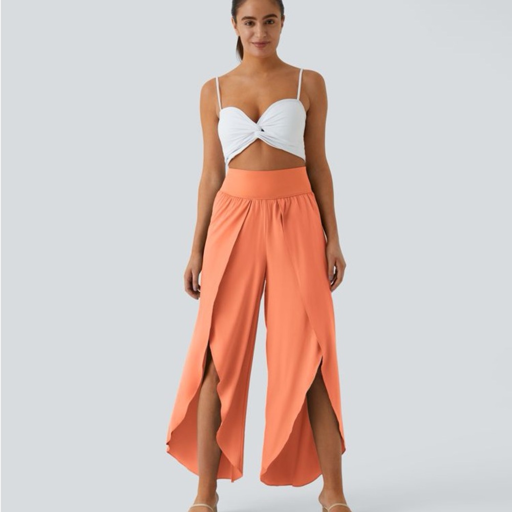 027HA.- High Waisted Back Waistband Pocket Palazzo Flowy Wide Leg Casual Pants.